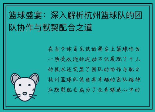 篮球盛宴：深入解析杭州篮球队的团队协作与默契配合之道