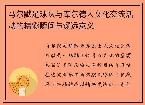 马尔默足球队与库尔德人文化交流活动的精彩瞬间与深远意义